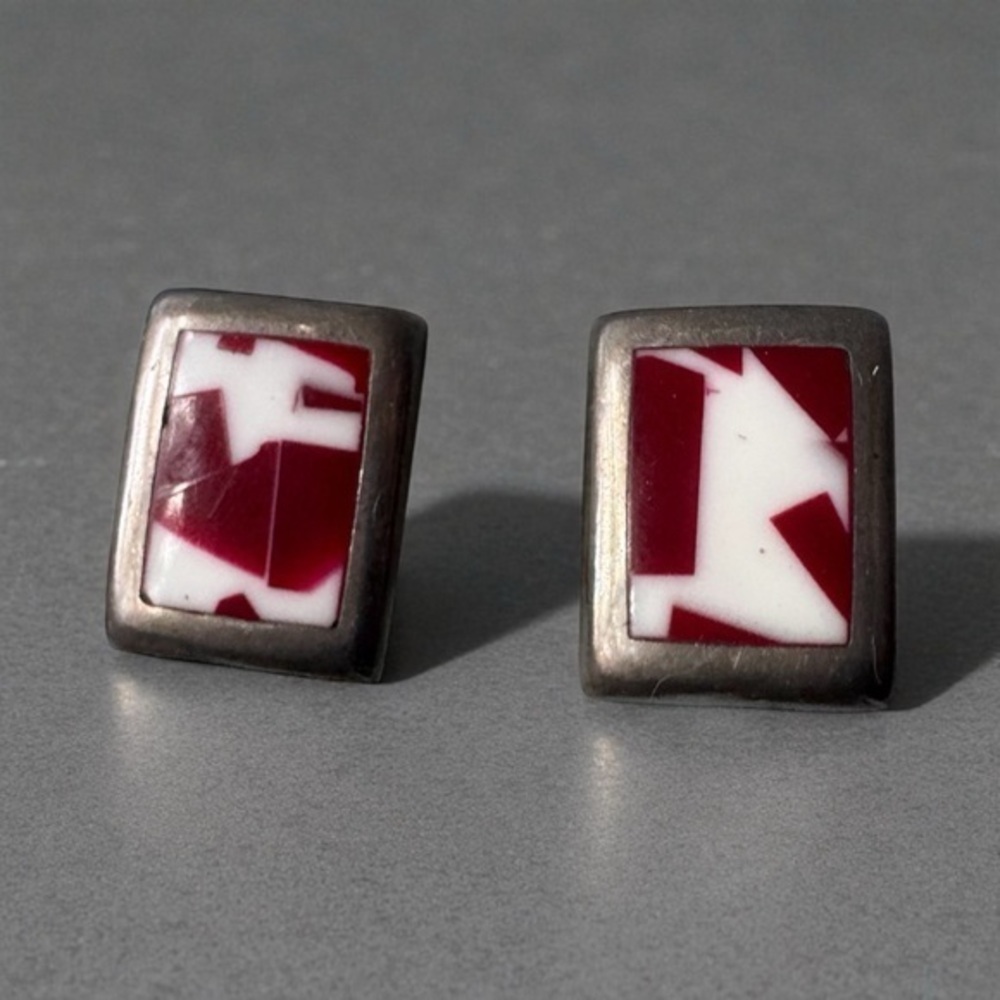 Vintage inlaid red white stone wrapped in 925 Sterling Silver Pierced Earrings